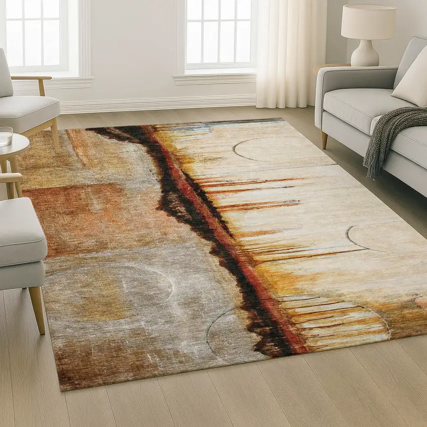 Rust And Charcoal Abstract Washable Area Rug With UV Protection Photo 2