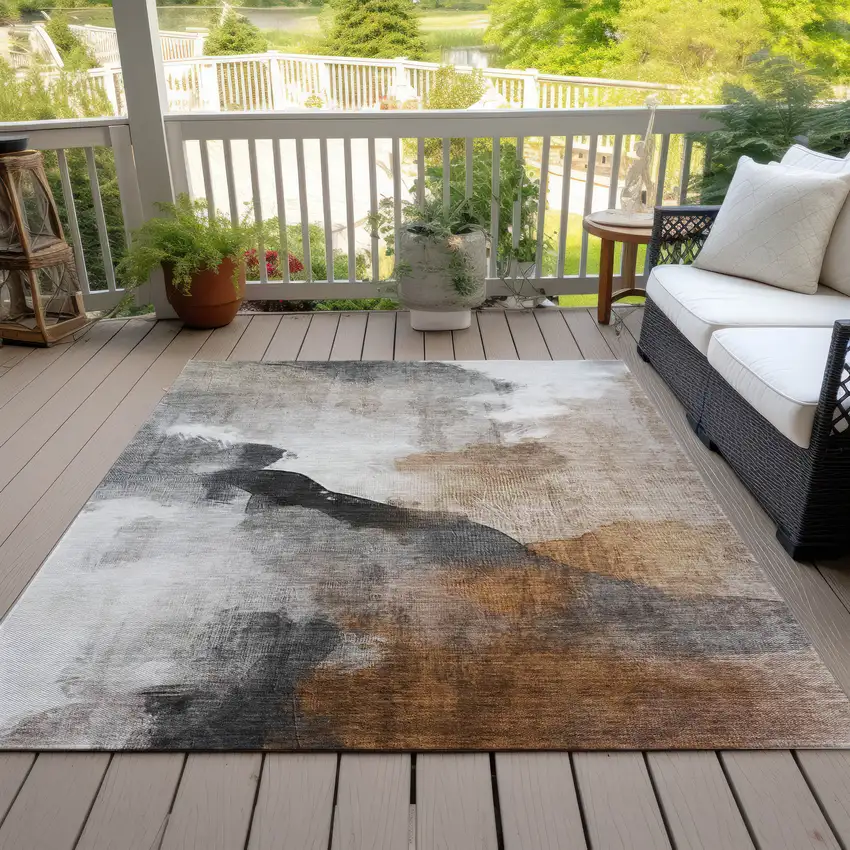 Rust And Charcoal Abstract Washable Indoor Outdoor Area Rug Photo 7