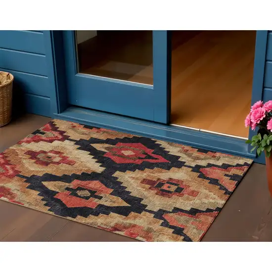 Rust And Charcoal Aztec Washable Indoor Outdoor Area Rug Photo 2