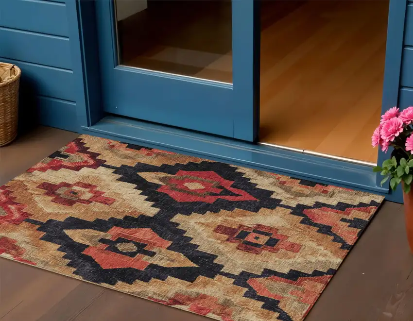 Rust And Charcoal Aztec Washable Indoor Outdoor Area Rug Photo 2