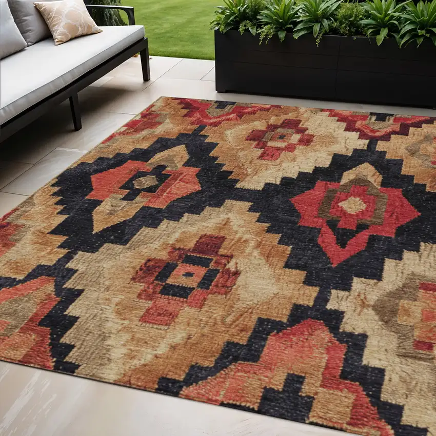 Rust And Charcoal Aztec Washable Indoor Outdoor Area Rug Photo 2