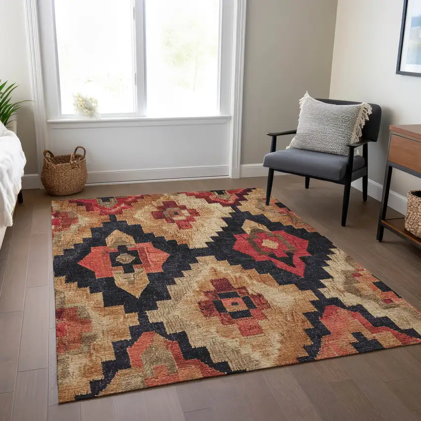 Rust And Charcoal Aztec Washable Indoor Outdoor Area Rug Photo 6