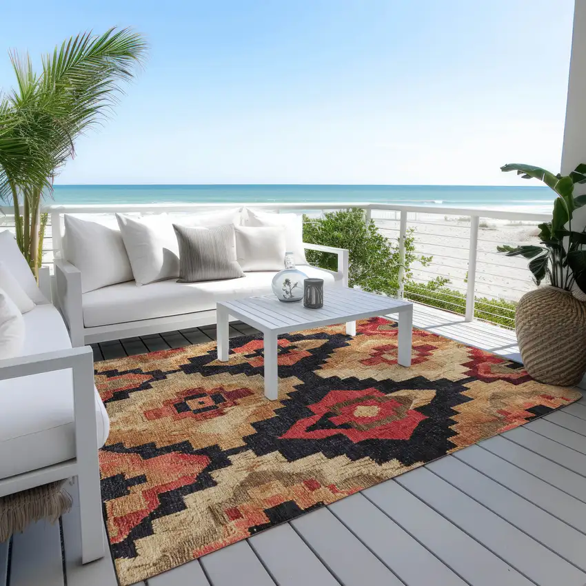 Rust And Charcoal Aztec Washable Indoor Outdoor Area Rug Photo 4