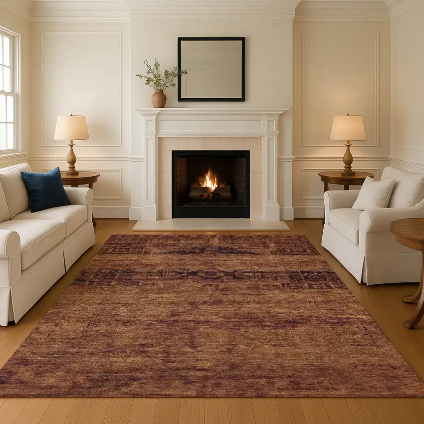 Rust And Chocolate Oriental Washable Area Rug With UV Protection Photo 5