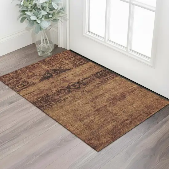 Rust And Chocolate Oriental Washable Area Rug With UV Protection Photo 2