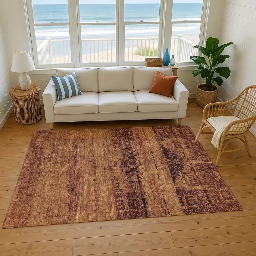 Rust And Chocolate Oriental Washable Area Rug With UV Protection Photo 5