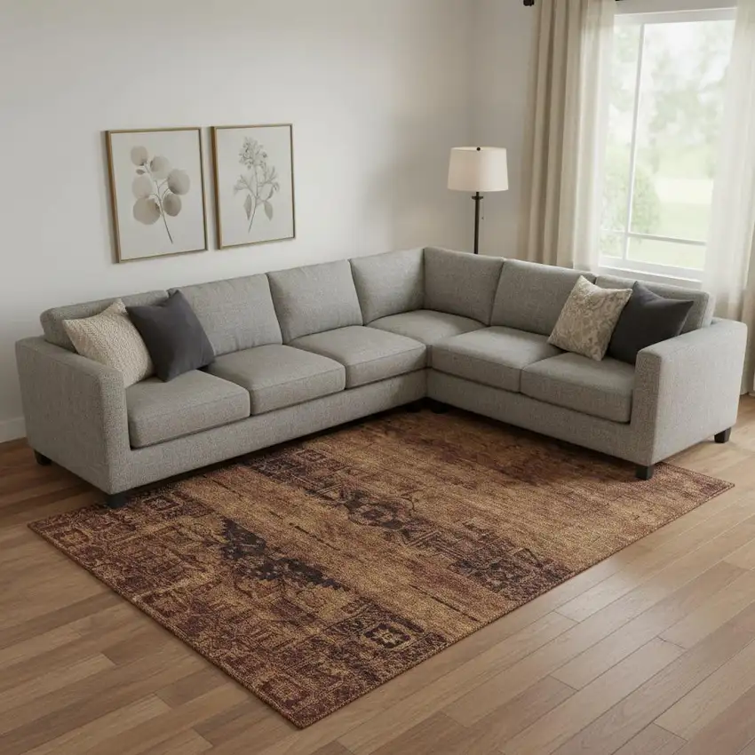 Rust And Chocolate Oriental Washable Area Rug With UV Protection Photo 2