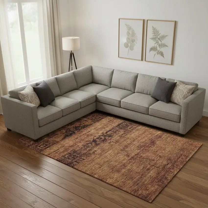 Rust And Chocolate Oriental Washable Area Rug With UV Protection Photo 2