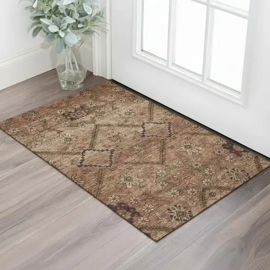 Rust And Copper Floral Washable Area Rug With UV Protection Photo 1