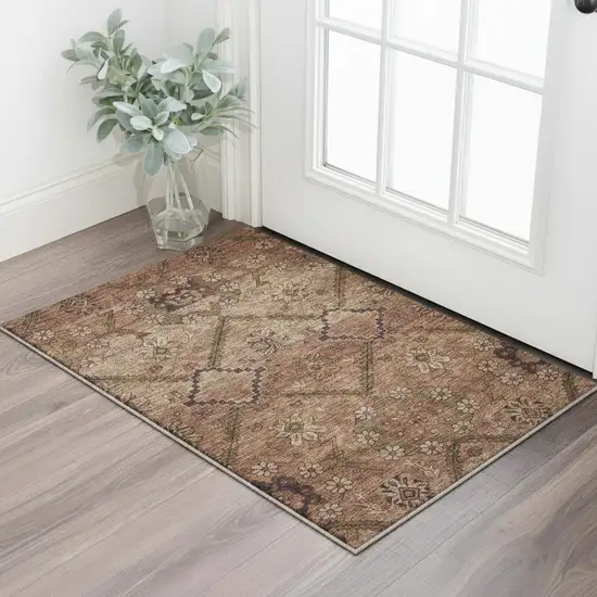 Rust And Copper Floral Washable Area Rug With UV Protection Photo 2
