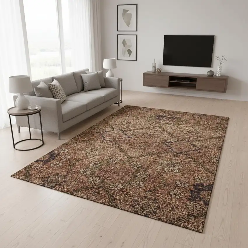 Rust And Copper Floral Washable Area Rug With UV Protection Photo 2