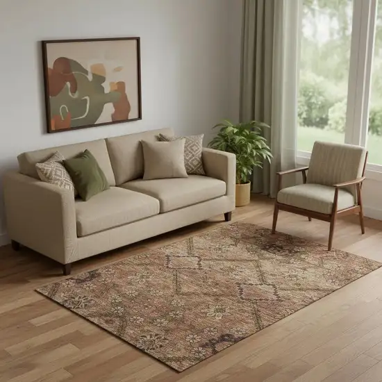 Rust And Copper Floral Washable Area Rug With UV Protection Photo 1