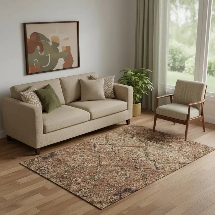 Rust And Copper Floral Washable Area Rug With UV Protection Photo 1