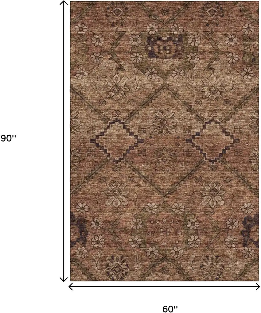 Rust And Copper Floral Washable Area Rug With UV Protection Photo 3