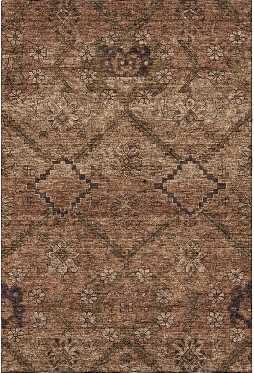 Rust And Copper Floral Washable Area Rug With UV Protection Photo 4