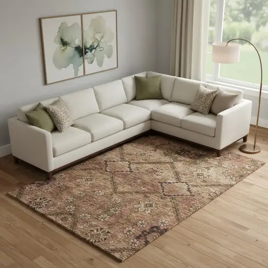 Rust And Copper Floral Washable Area Rug With UV Protection Photo 1