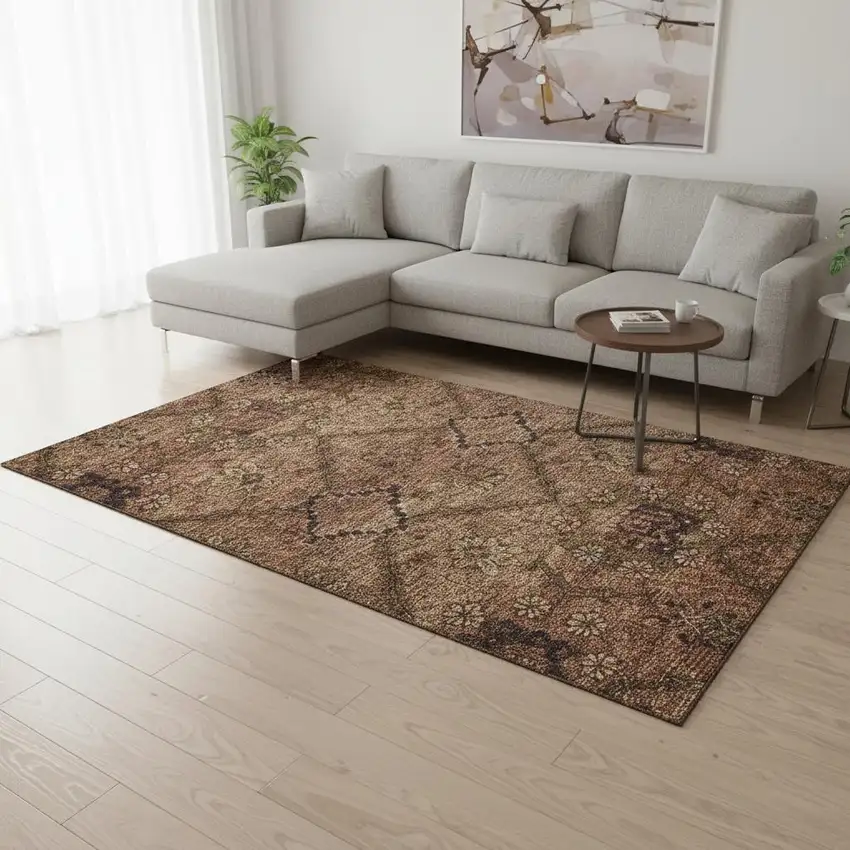 Rust And Copper Floral Washable Area Rug With UV Protection Photo 2