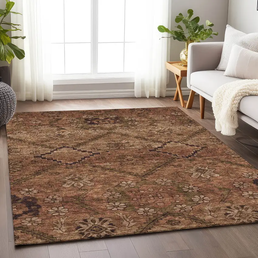 Rust And Copper Floral Washable Area Rug With UV Protection Photo 5