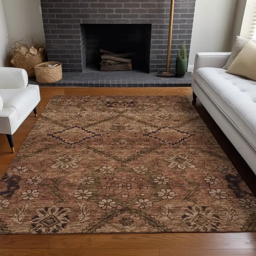Rust And Copper Floral Washable Area Rug With UV Protection Photo 4