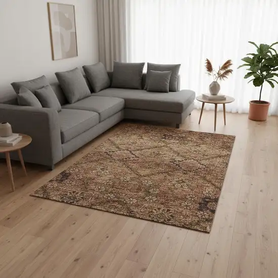 Rust And Copper Floral Washable Area Rug With UV Protection Photo 2