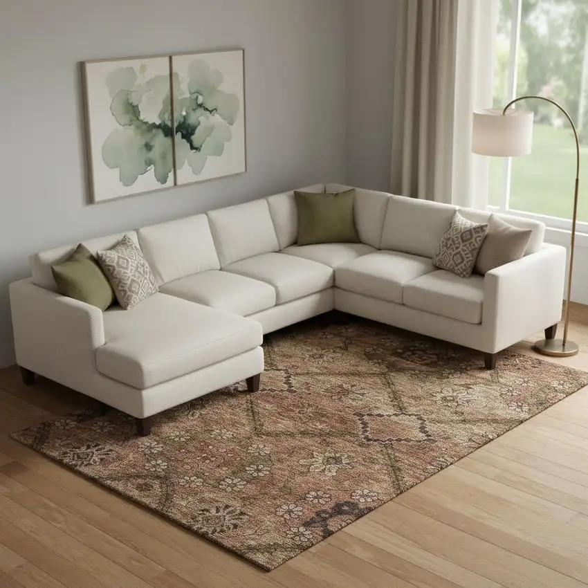 Rust And Copper Floral Washable Area Rug With UV Protection Photo 1