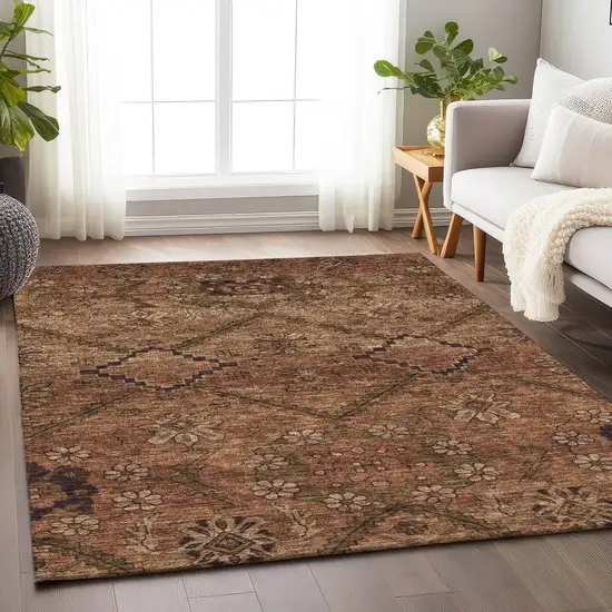 Rust And Copper Floral Washable Area Rug With UV Protection Photo 6