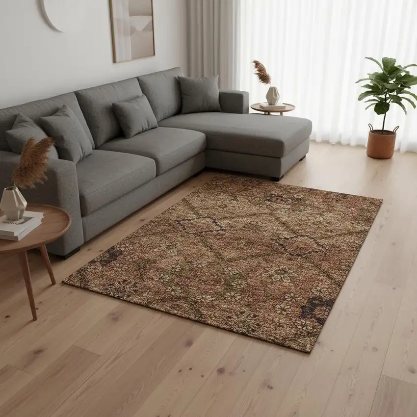 Rust And Copper Floral Washable Area Rug With UV Protection Photo 2