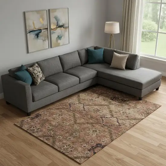 Rust And Copper Floral Washable Area Rug With UV Protection Photo 1