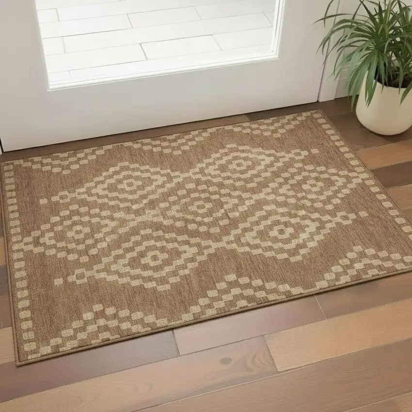 Rust And Copper Geometric Washable Area Rug With UV Protection Photo 1