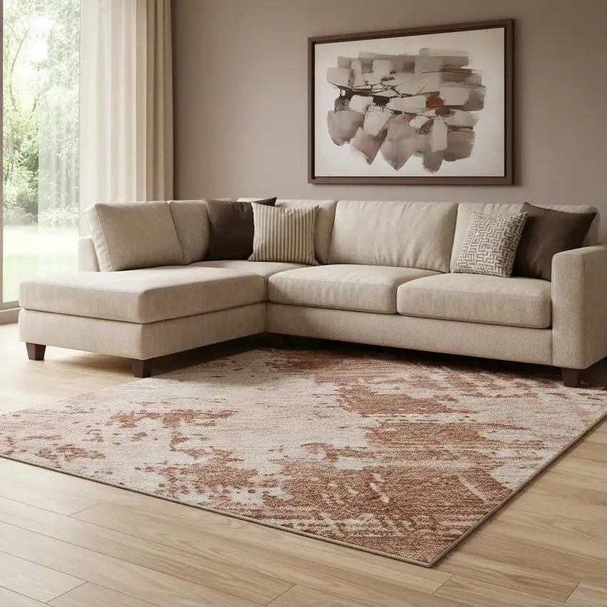 Rust And Coral Abstract Washable Area Rug With UV Protection Photo 2