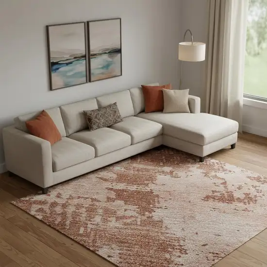 Rust And Coral Abstract Washable Area Rug With UV Protection Photo 2