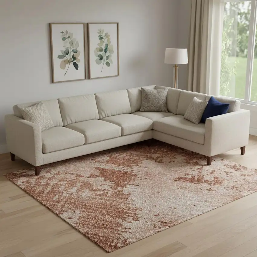 Rust And Coral Abstract Washable Area Rug With UV Protection Photo 2