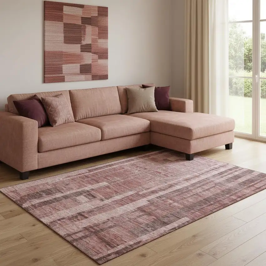 Rust And Coral Striped Washable Area Rug With UV Protection Photo 2