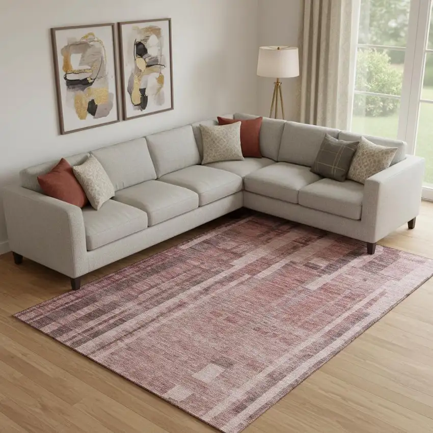 Rust And Coral Striped Washable Area Rug With UV Protection Photo 2