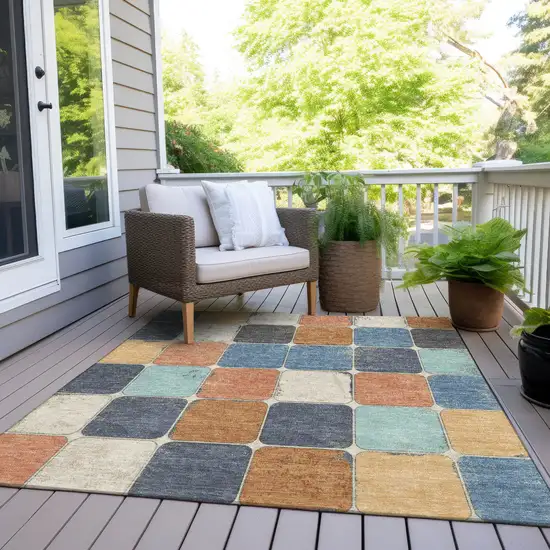 Rust And Denim Blue Geometric Washable Indoor Outdoor Area Rug Photo 9