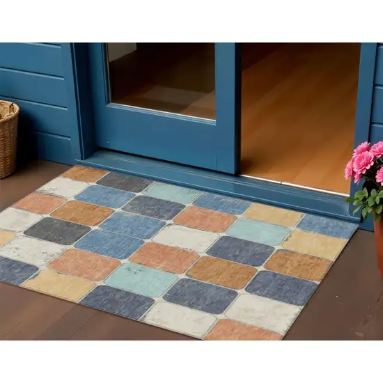 Rust And Denim Blue Geometric Washable Indoor Outdoor Area Rug Photo 2