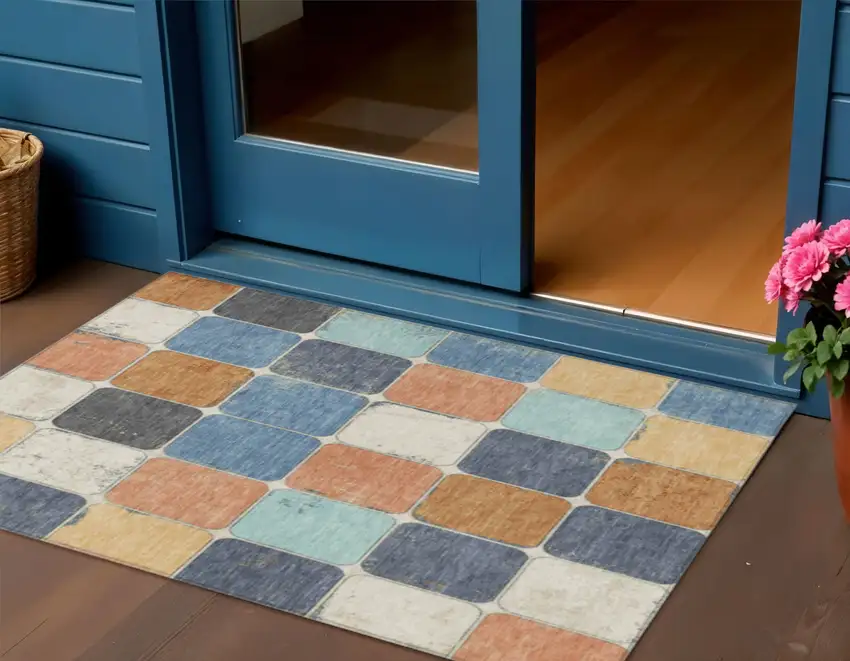 Rust And Denim Blue Geometric Washable Indoor Outdoor Area Rug Photo 2