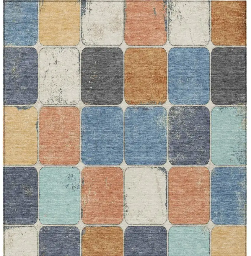 Rust And Denim Blue Geometric Washable Indoor Outdoor Area Rug Photo 7