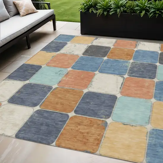 Rust And Denim Blue Geometric Washable Indoor Outdoor Area Rug Photo 2