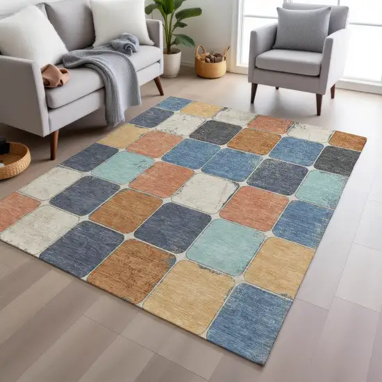 Rust And Denim Blue Geometric Washable Indoor Outdoor Area Rug Photo 7