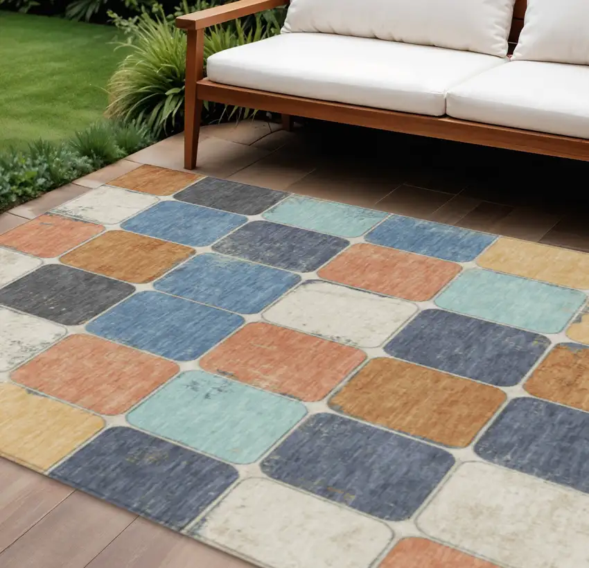 Rust And Denim Blue Geometric Washable Indoor Outdoor Area Rug Photo 2