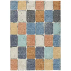 Photo of Rust And Denim Blue Geometric Washable Indoor Outdoor Area Rug