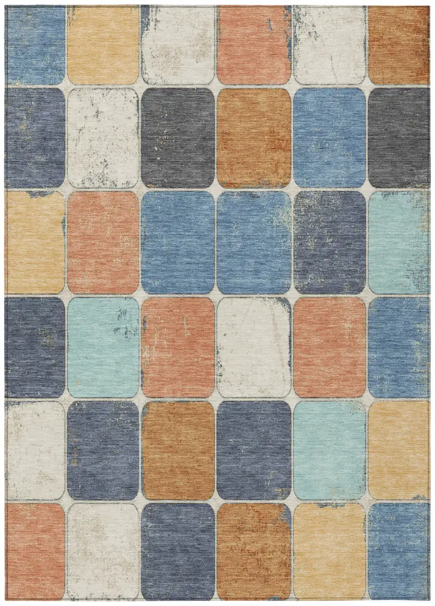 Rust And Denim Blue Geometric Washable Indoor Outdoor Area Rug Photo 1