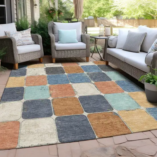 Rust And Denim Blue Geometric Washable Indoor Outdoor Area Rug Photo 6