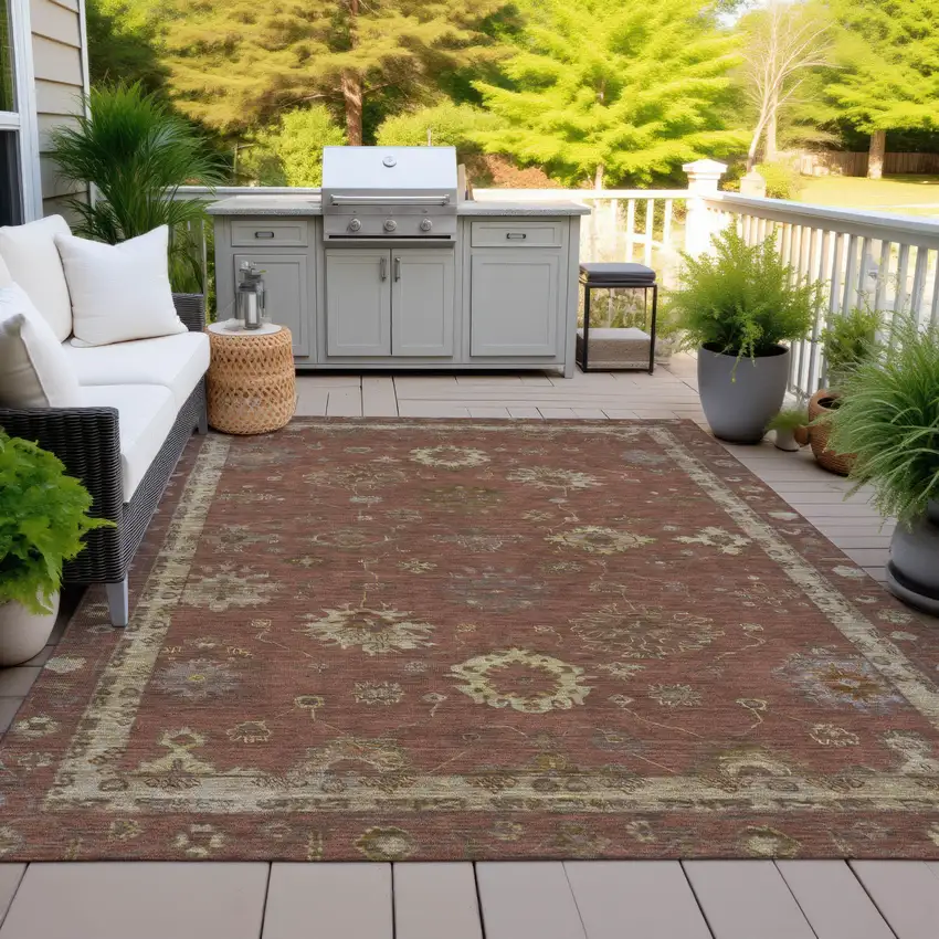 Rust And Gold Floral Washable Indoor Outdoor Area Rug Photo 4