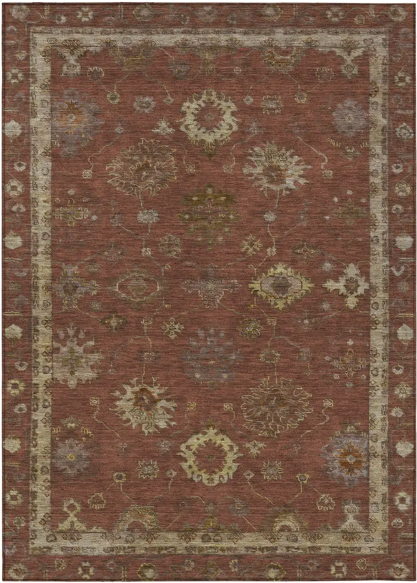 Rust And Gold Floral Washable Indoor Outdoor Area Rug Photo 1