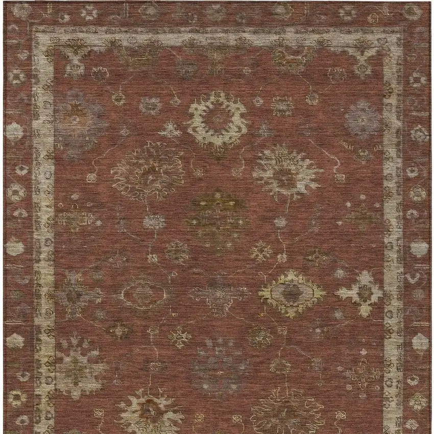Rust And Gold Floral Washable Indoor Outdoor Area Rug Photo 9