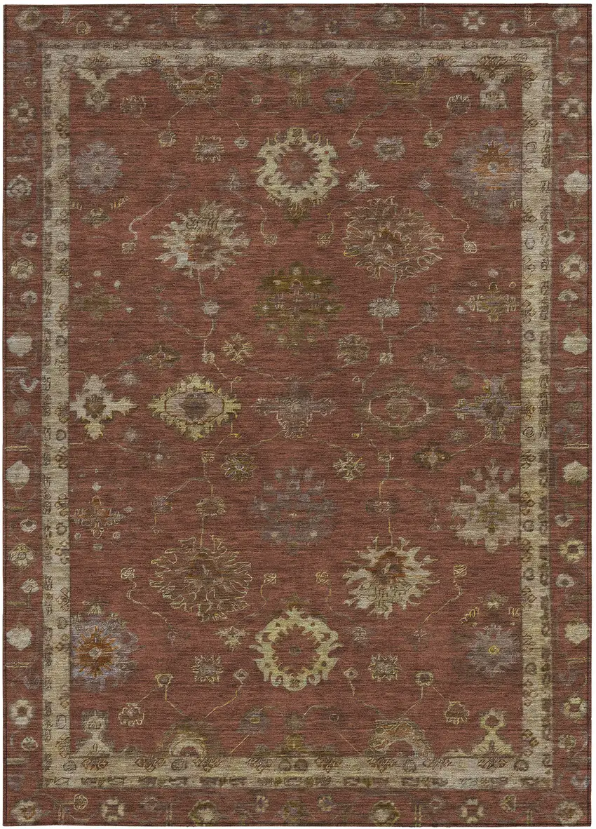 Rust And Gold Floral Washable Indoor Outdoor Area Rug Photo 3