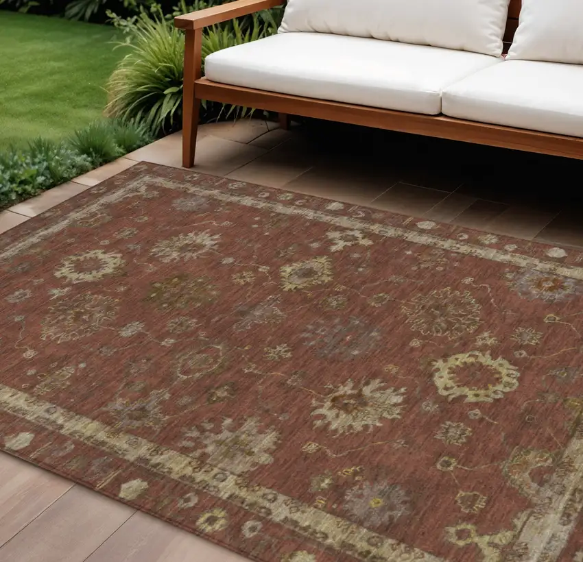 Rust And Gold Floral Washable Indoor Outdoor Area Rug Photo 2