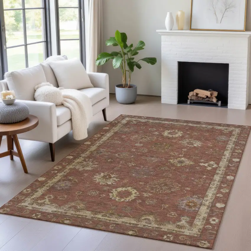 Rust And Gold Floral Washable Indoor Outdoor Area Rug Photo 6
